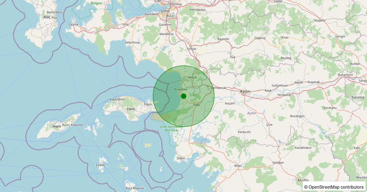 13 Aralık 2025 saat 12:51 - Kuşadası - Türkmen - 1.40ML depreminin harita gösterimi