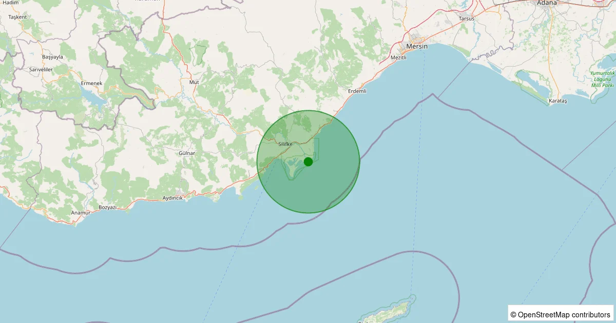 13 Ekim 2025 saat 23:12 - Silifke - Kurtuluş - 2.40ml depreminin harita gösterimi