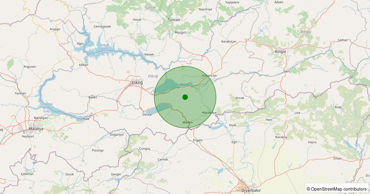 13 Aralık 2025 saat 17:52 - Maden - Kumyazı Köyü - 1.60ml depreminin harita gösterimi