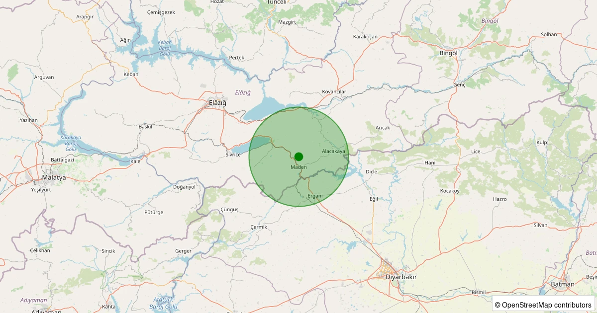 13 Aralık 2025 saat 17:52 - Maden - Karatop Köyü - 1.40ML depreminin harita gösterimi
