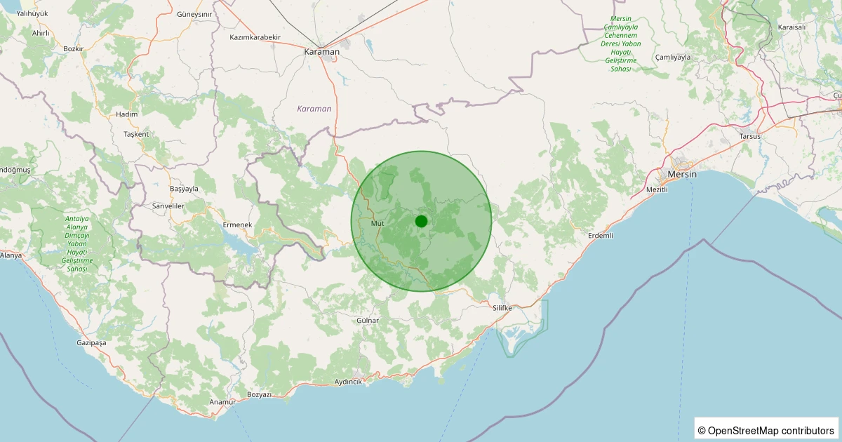 13 Aralık 2025 saat 19:50 - Mut - Hacıahmetli Köyü - 1.60ml depreminin harita gösterimi