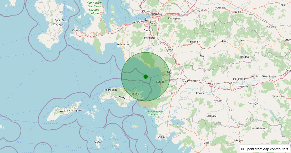 13 Aralık 2025 saat 20:04 - Ege Denizi - Kuşadası Körfezi - [12.20 km] Menderes (İzmir) - 1.40ML depreminin harita gösterimi