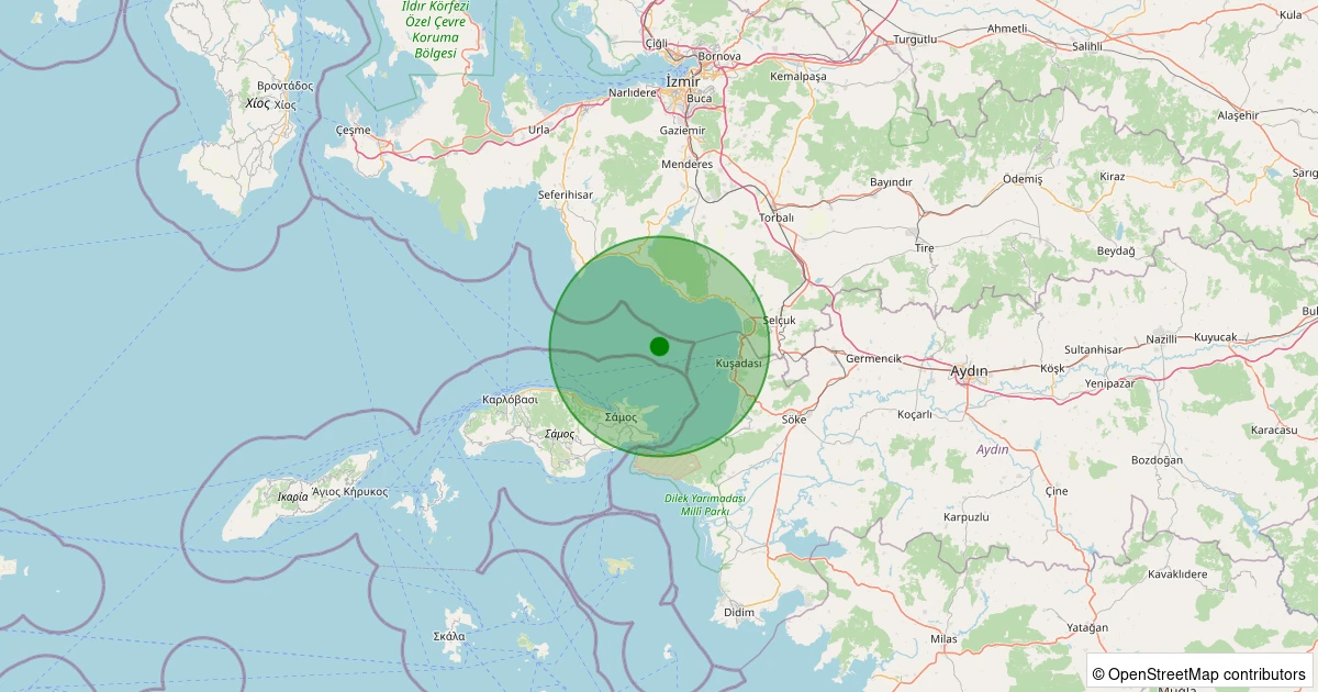 13 Aralık 2025 saat 20:01 - Ege Denizi - Kuşadası Körfezi - [13.99 km] Menderes (İzmir) - 1.60ML depreminin harita gösterimi