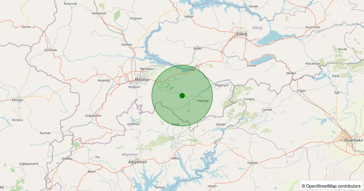 13 Aralık 2025 saat 21:40 - Pütürge - Kökpınar Köyü - 1.10ml depreminin harita gösterimi