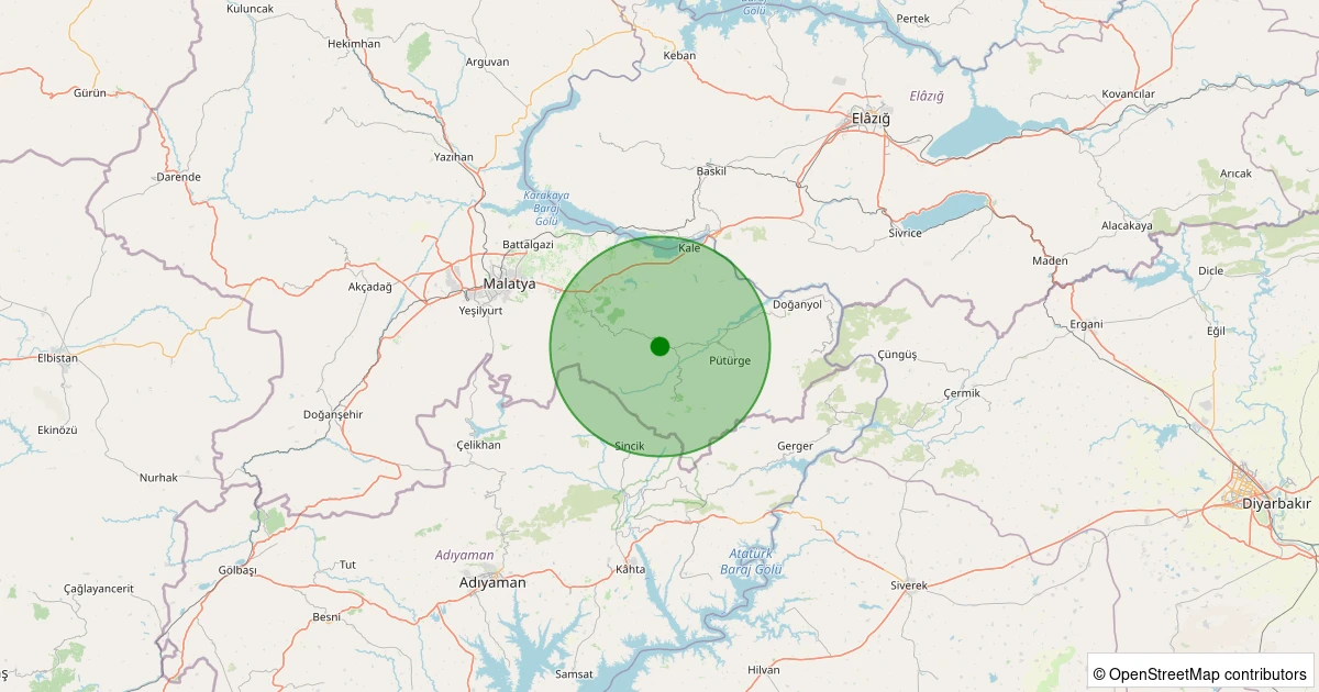 13 Aralık 2025 saat 21:40 - Pütürge - Kökpınar Köyü - 1.30ML depreminin harita gösterimi