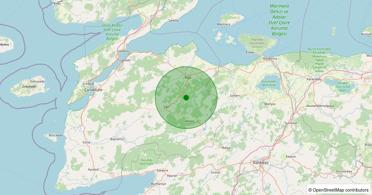 13 Aralık 2025 saat 22:41 - Biga - Ilıcabaşı Köyü - 1.50ml depreminin harita gösterimi