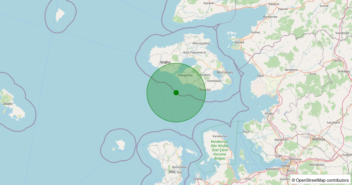 13 Aralık 2025 saat 22:33 - Ege Denizi - [42.24 km] Karaburun (İzmir) - 2.00ML depreminin harita gösterimi