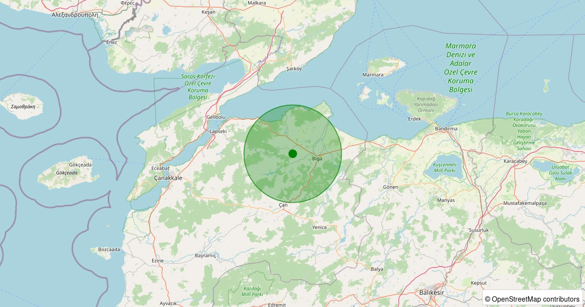 13 Aralık 2025 saat 23:01 - Biga - Danişment Köyü - 0.90ml depreminin harita gösterimi