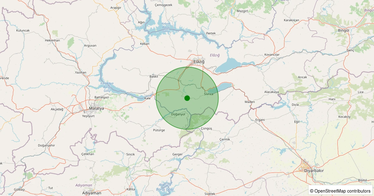 14 Aralık 2025 saat 00:00 - Sivrice - Kamışlık Köyü - 1.90ml depreminin harita gösterimi