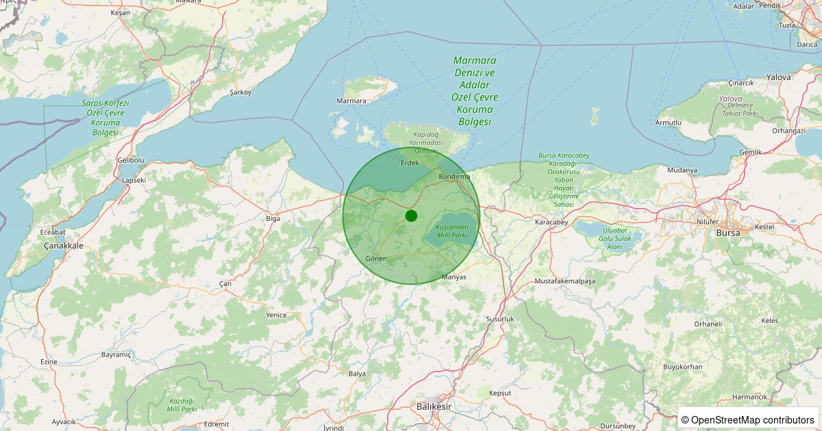13 Aralık 2025 saat 23:50 - Bandırma - Beyköy - 1.60ml depreminin harita gösterimi