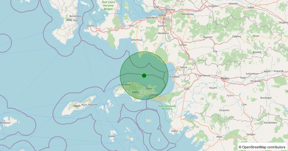 14 Aralık 2025 saat 00:38 - KUSADASI - 2.00ml depreminin harita gösterimi