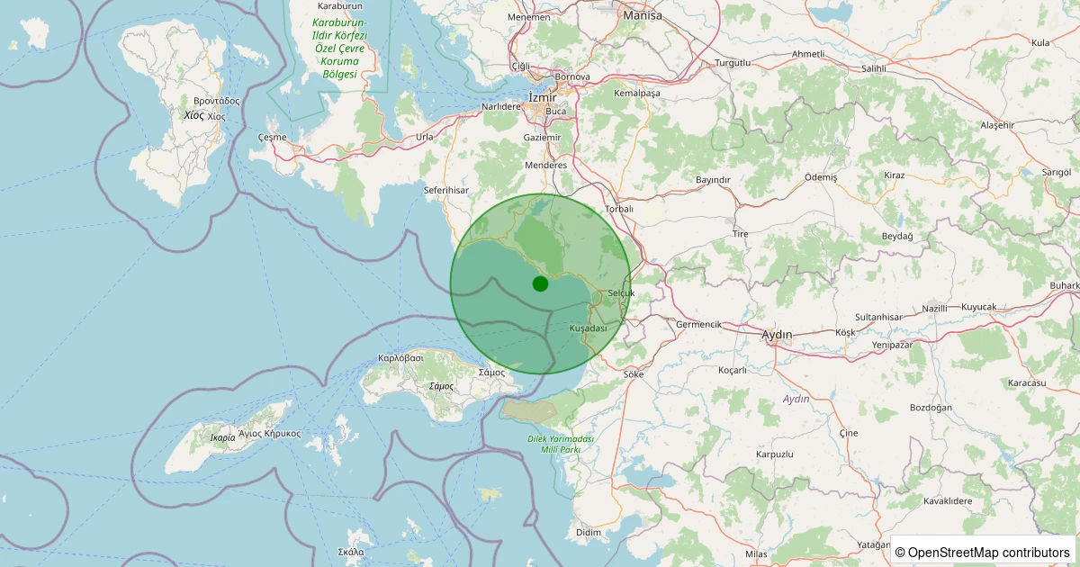14 Aralık 2025 saat 00:51 - Ege Denizi - Kuşadası Körfezi - [05.12 km] Menderes (İzmir) - 1.10ML depreminin harita gösterimi