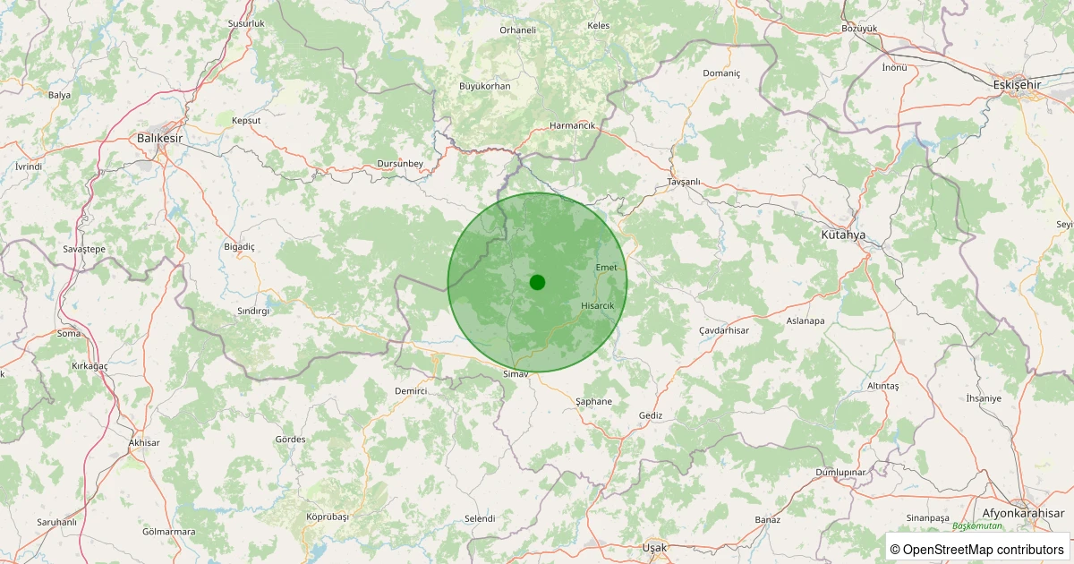 14 Aralık 2025 saat 02:50 - Simav - Yukarıdolaylar Köyü - 2.80ml depreminin harita gösterimi