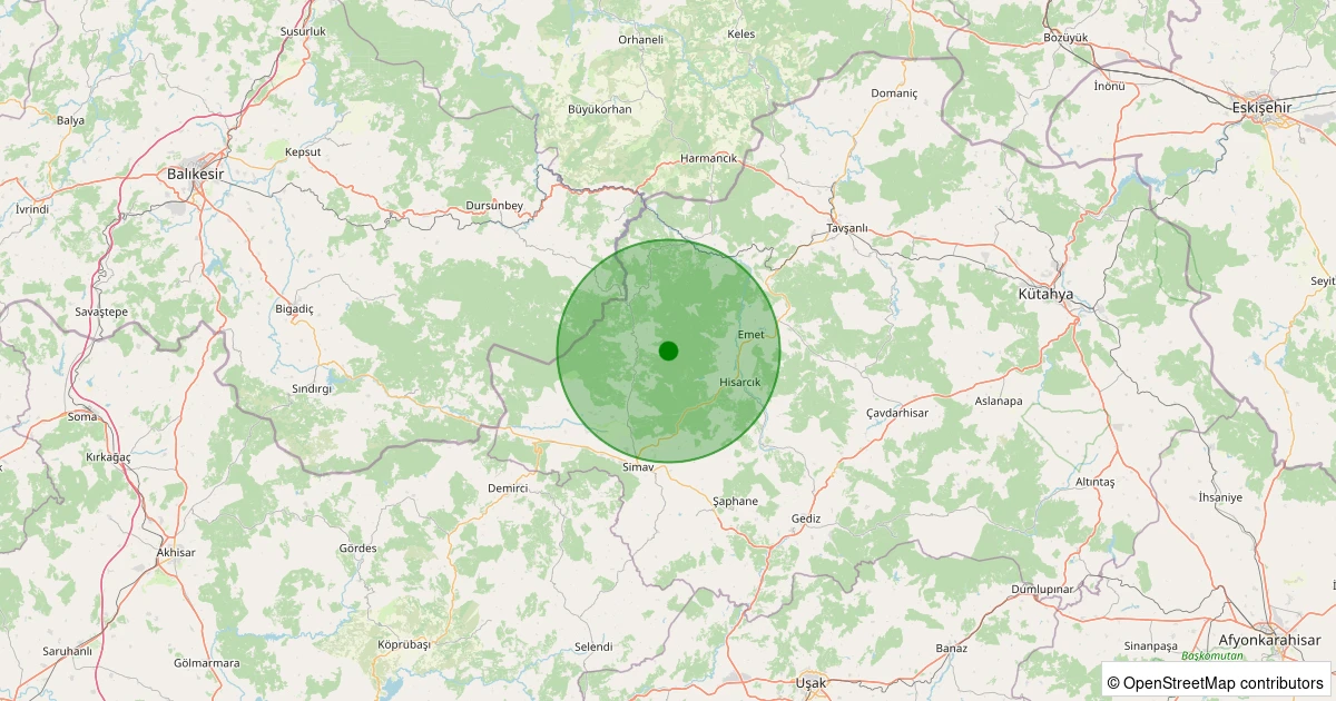14 Aralık 2025 saat 02:50 - Simav - Yukarıdolaylar Köyü - 2.60ML depreminin harita gösterimi