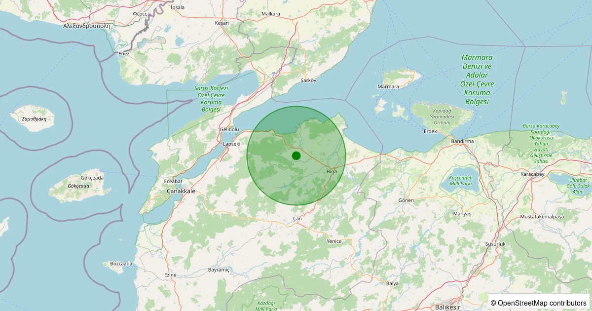 14 Aralık 2025 saat 03:07 - Biga - Hisarlı Köyü - 1.80ml depreminin harita gösterimi