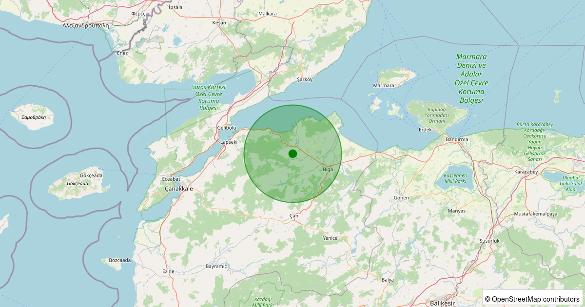 14 Aralık 2025 saat 03:07 - Biga - Hisarlı Köyü - 1.70ML depreminin harita gösterimi