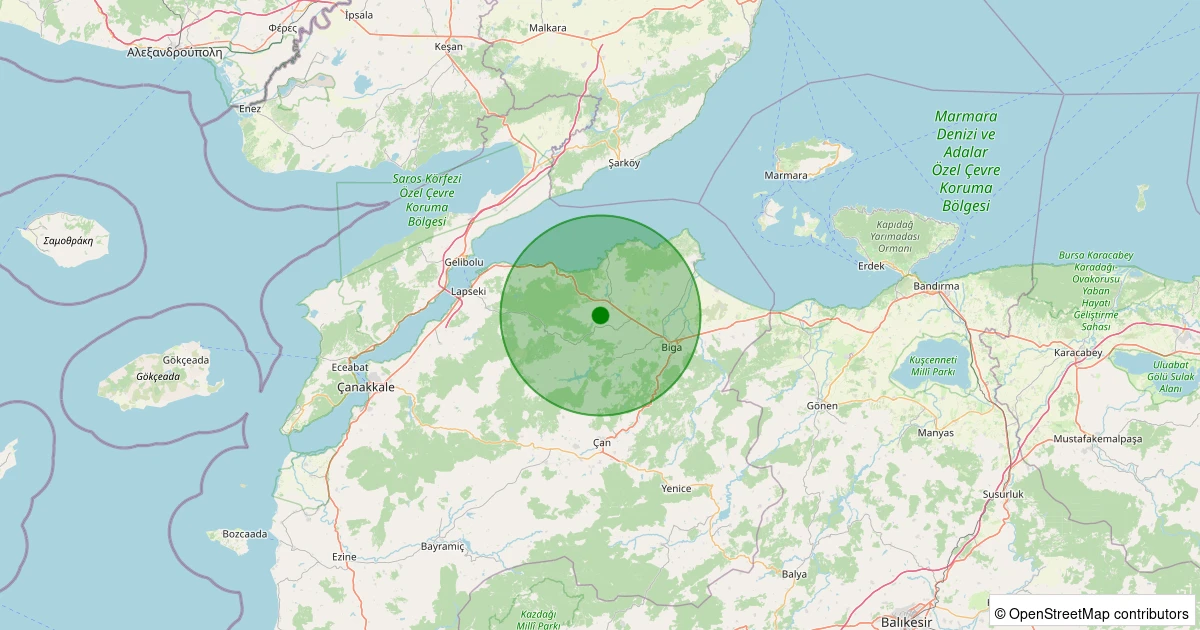 14 Aralık 2025 saat 03:07 - Biga - Hisarlı Köyü - 1.90ml depreminin harita gösterimi