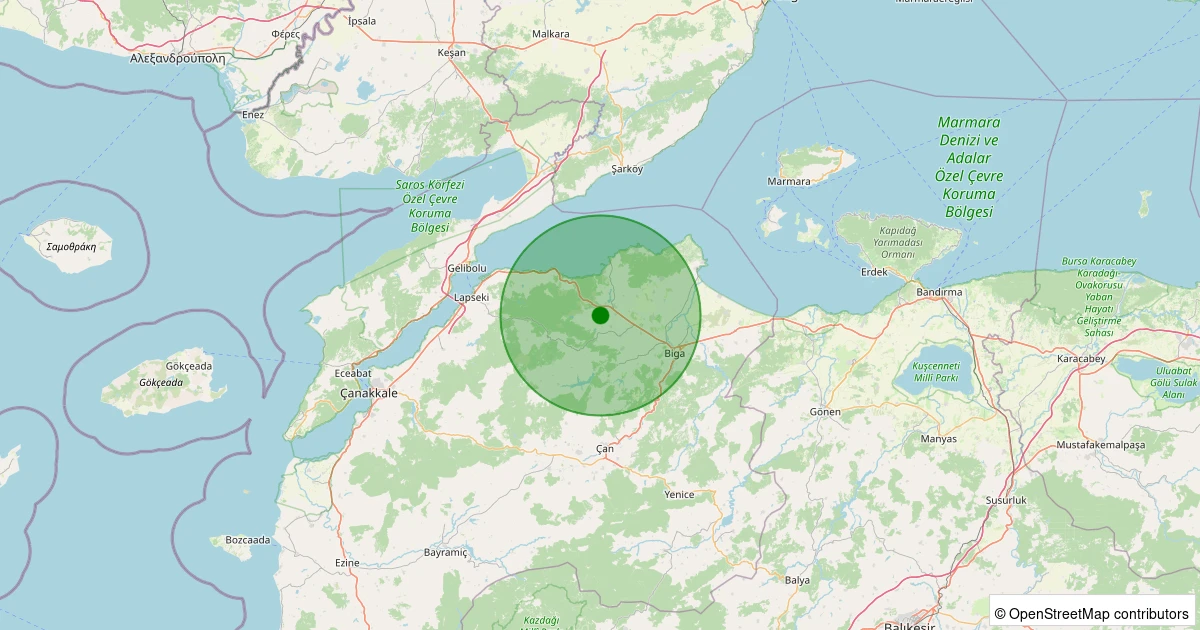 14 Aralık 2025 saat 04:03 - Biga - Çınardere Köyü - 1.40ML depreminin harita gösterimi
