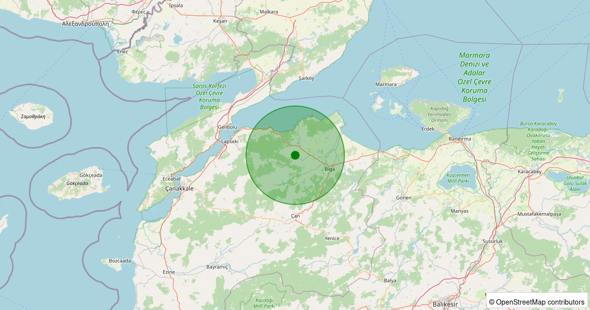 14 Aralık 2025 saat 05:29 - Biga - Hisarlı Köyü - 2.70ml depreminin harita gösterimi