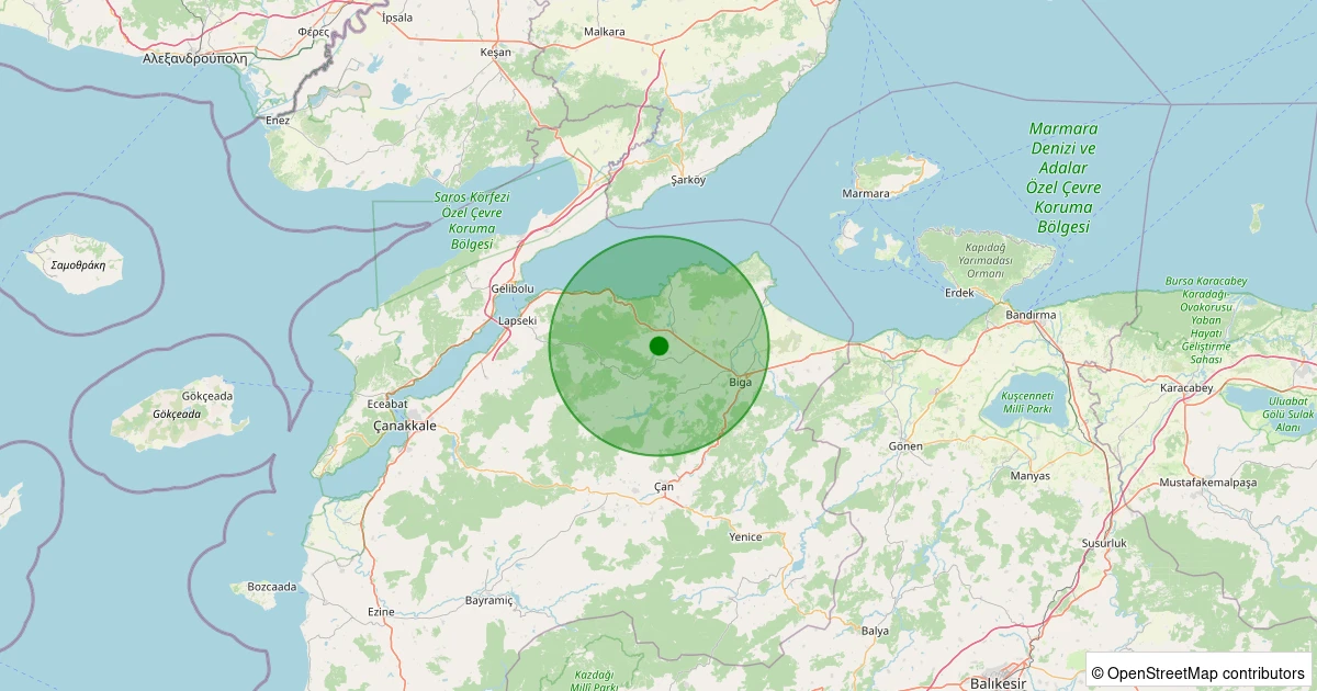 14 Aralık 2025 saat 06:16 - Biga - Gürgendere Köyü - 1.60ML depreminin harita gösterimi
