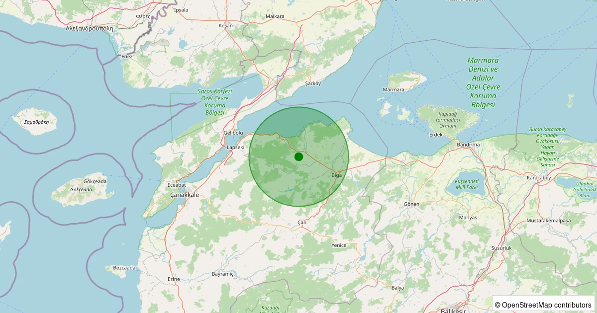 14 Aralık 2025 saat 06:33 - Biga - Çınardere Köyü - 1.70ml depreminin harita gösterimi