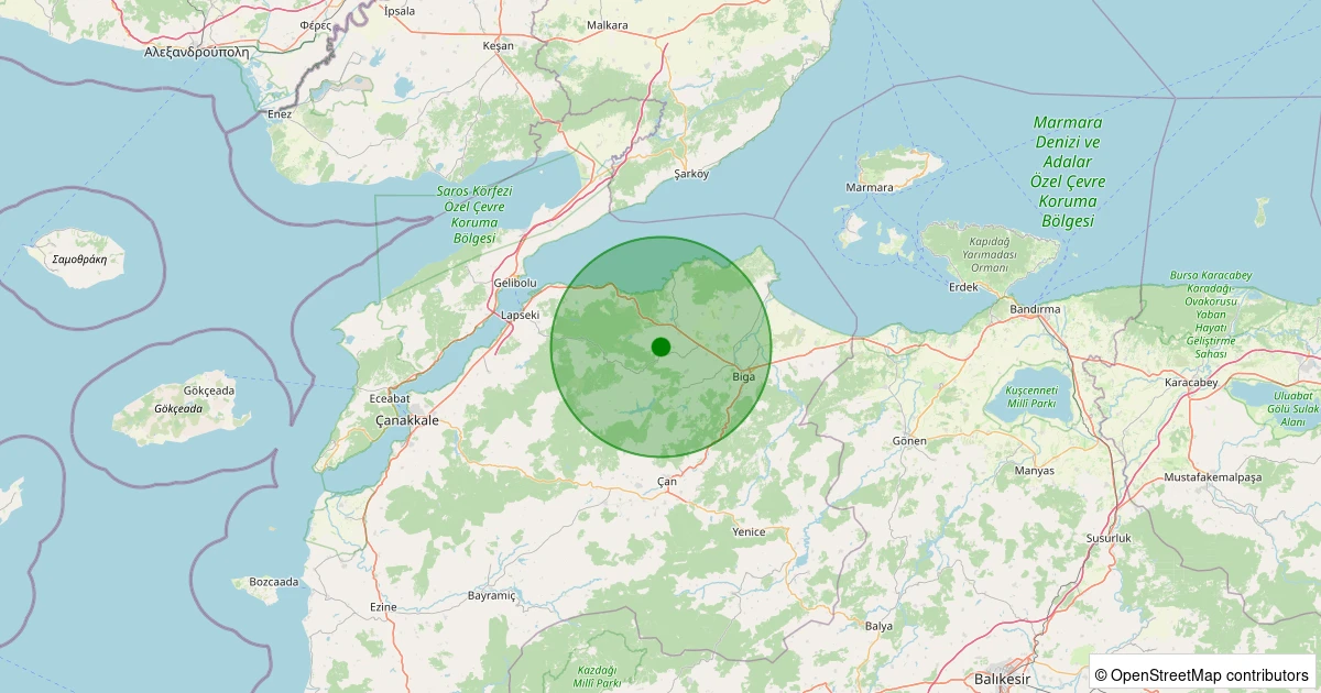 14 Aralık 2025 saat 06:33 - Biga - Hisarlı Köyü - 1.60ml depreminin harita gösterimi