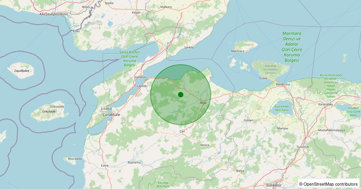 14 Aralık 2025 saat 06:33 - Biga - Hisarlı Köyü - 1.60ML depreminin harita gösterimi