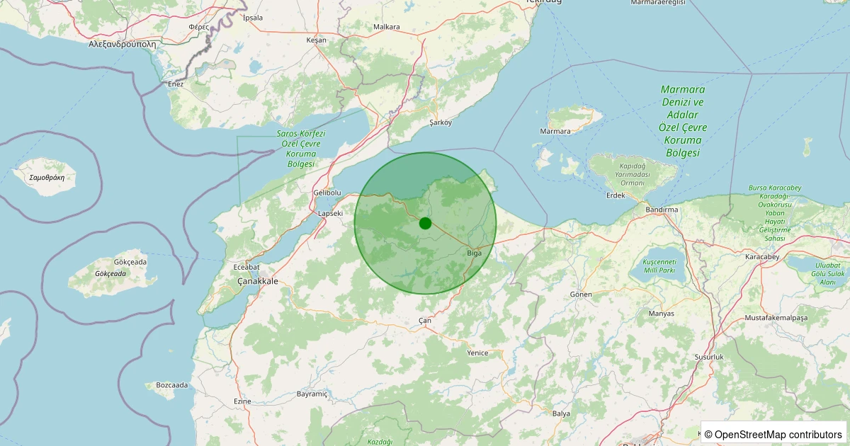 14 Aralık 2025 saat 09:08 - Biga - Çınardere Köyü - 1.20ml depreminin harita gösterimi