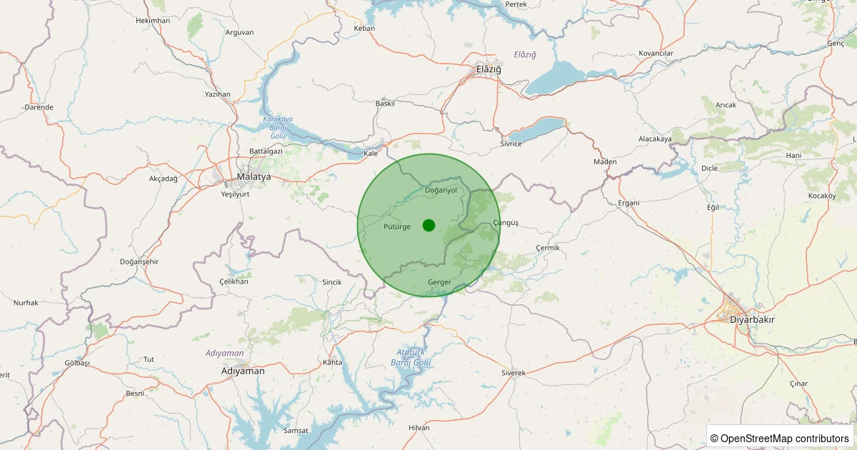 14 Aralık 2025 saat 10:40 - Pütürge - Uzunkoru Köyü - 1.40ml depreminin harita gösterimi