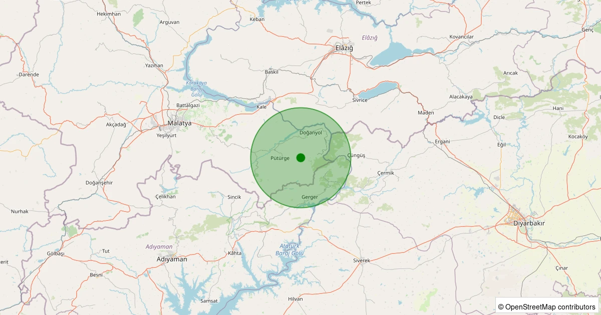 14 Aralık 2025 saat 10:33 - Pütürge - Koçköy Köyü - 1.30ml depreminin harita gösterimi