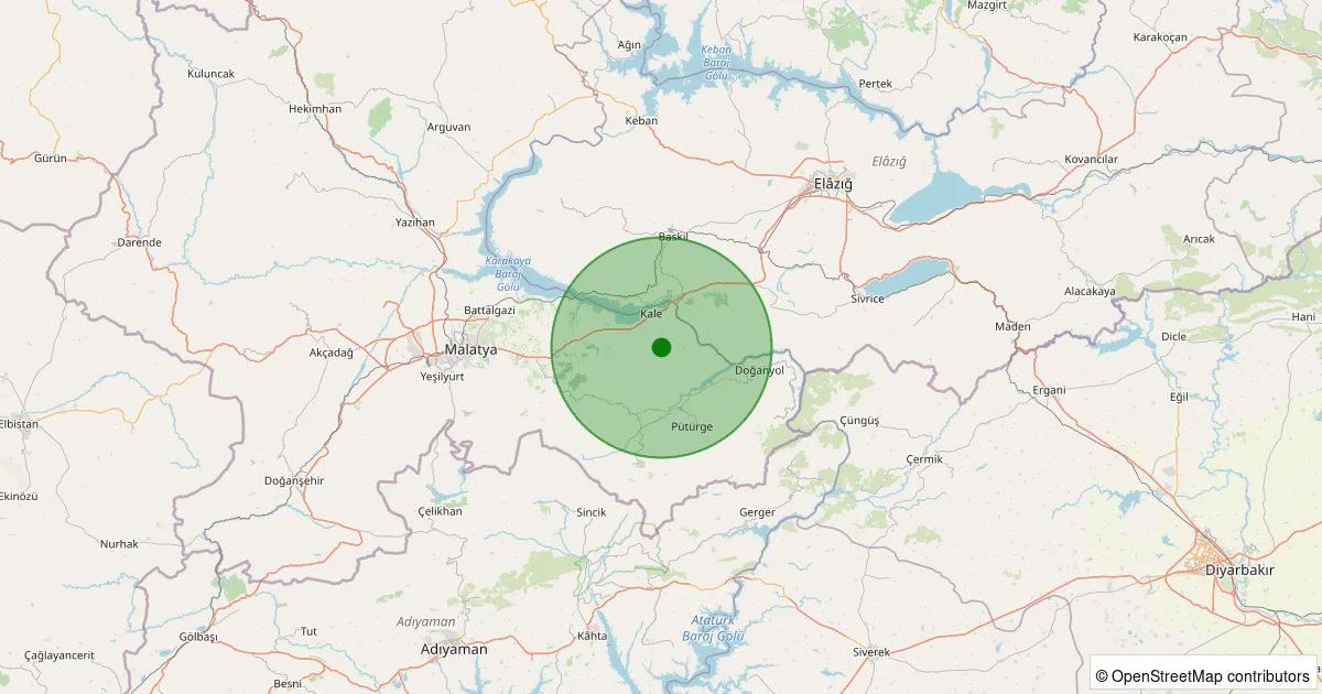 14 Ekim 2025 saat 15:39 - Kale - Çanakçı Köyü - 2.10ml depreminin harita gösterimi