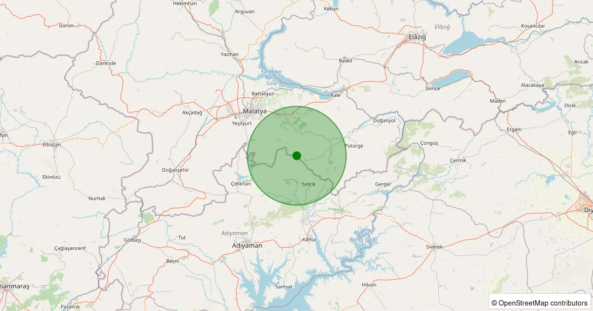 14 Ekim 2025 saat 15:45 - Battalgazi - Gülümuşağı Köyü - 1.30ml depreminin harita gösterimi