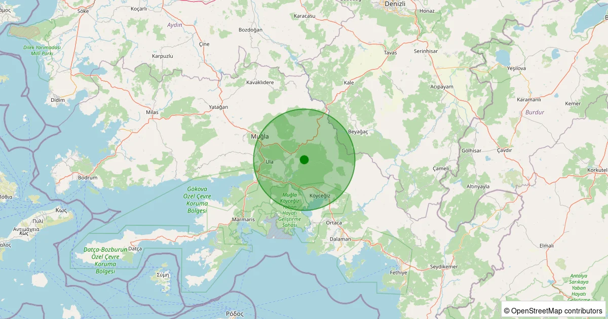 15 Ekim 2025 saat 02:56 - Ula - Arıcılar - 0.90ML depreminin harita gösterimi
