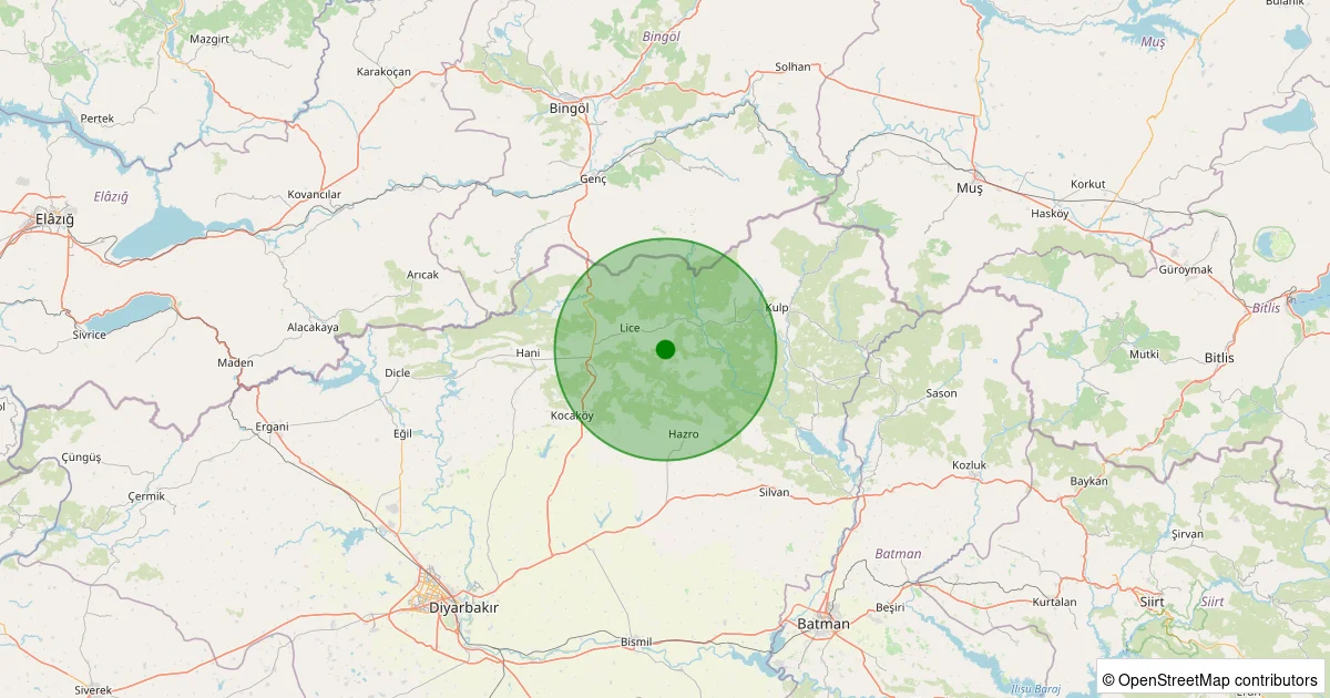 15 Ekim 2025 saat 22:48 - Lice - Çarşı - 2.00ml depreminin harita gösterimi